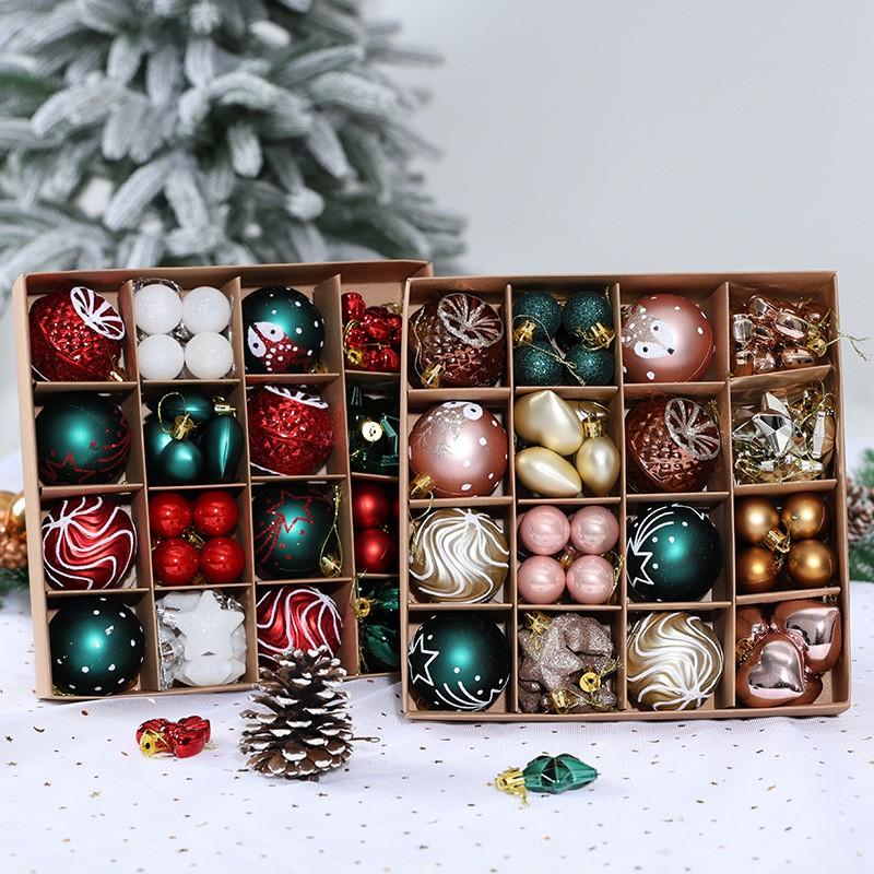 64pcs Christmas Ornament Set - Painted Ball Decorations Tree With Star Heart Bow Design