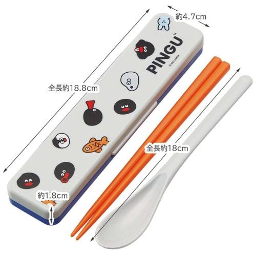 Skater Chopsticks and Spoon Combo Set, 18cm, Antibacterial, Bento Box, Adult Size, Silent Silicone Cushion, Made In Japan, Pingu CCS3SAAG-A