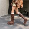 Brown Long Tube Platform Boots Women's Western Cowboy Maillard High Boots Wasteland Round Head Thick Heel