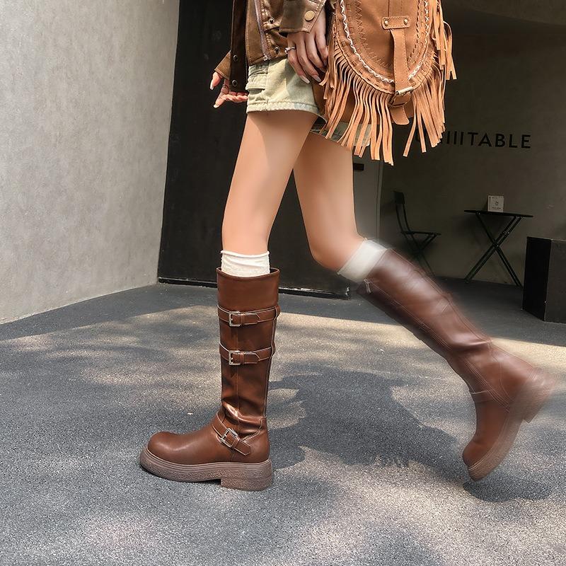 Brown Long Tube Platform Boots Women's Western Cowboy Maillard High Boots Wasteland Round Head Thick Heel
