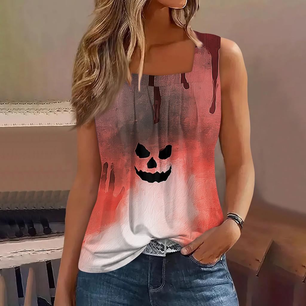 Women Sleeveless Tank Top Square Neck Ruched Halloween Print Casual Summer Blouse Lightweight Comfortable Fit