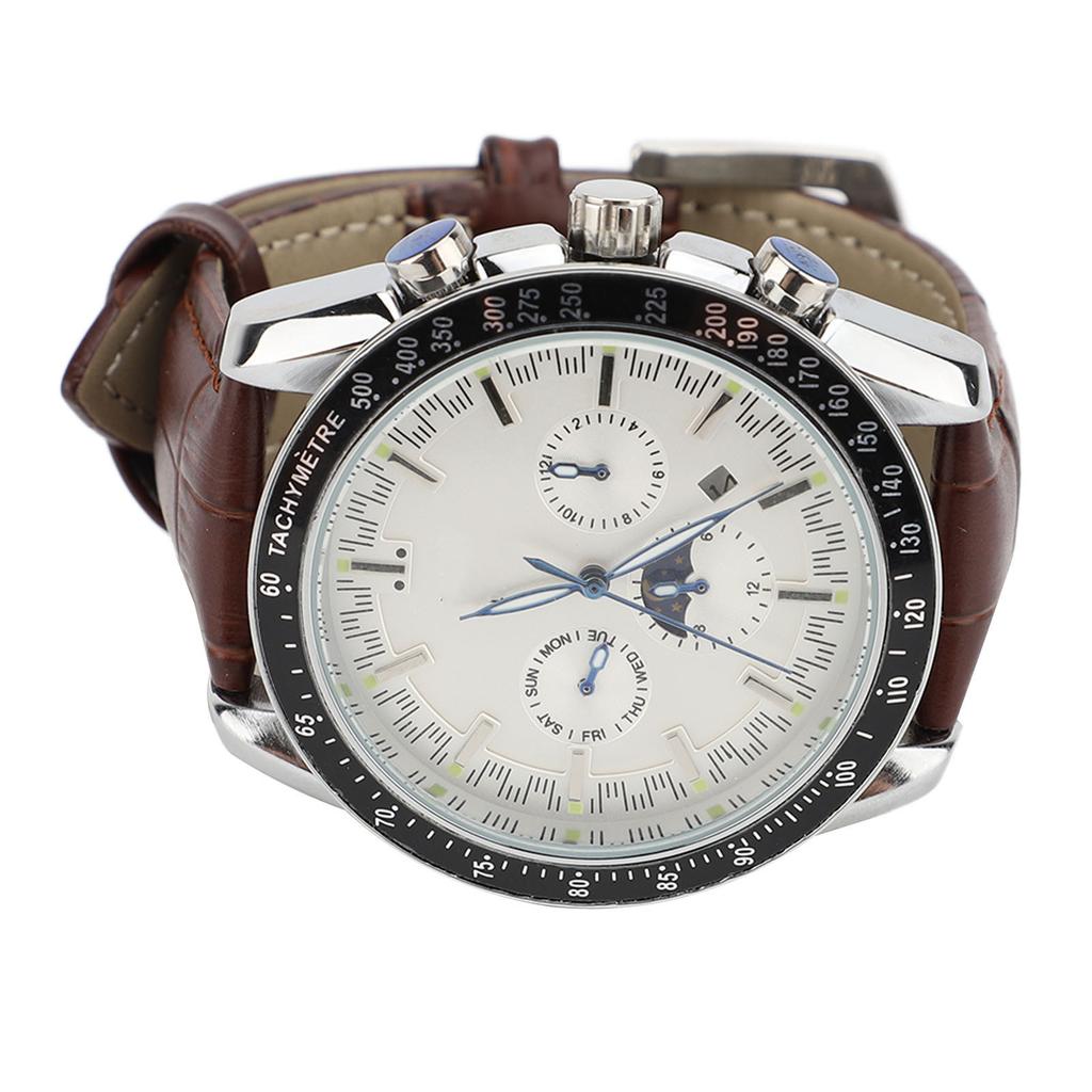 Men Automatic Mechanical Watch Moon Phase 6 Luminous Hands Self Winding Chronograph Display PU Leather Strap Analog