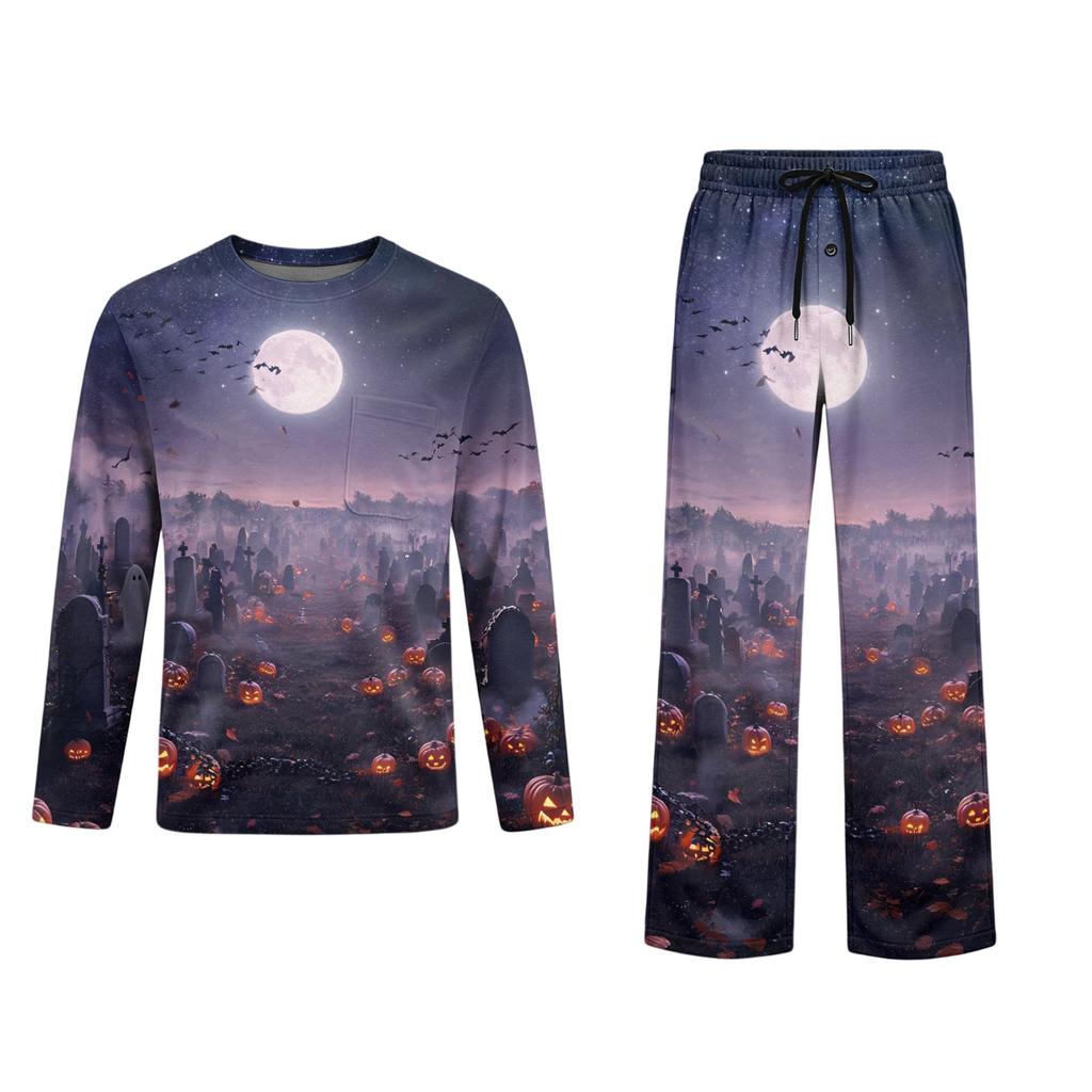 Men's Halloween Pajama Set Long Sleeve Long Pants with Crotch Buttons and Elastic Drawstring Waist