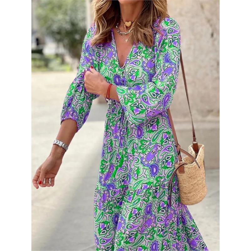 Women's Autumn New Fashionable Printed Sexy V-neck Long Sleeve High Waist Elastic Waist Medium Length Bohemian Dress