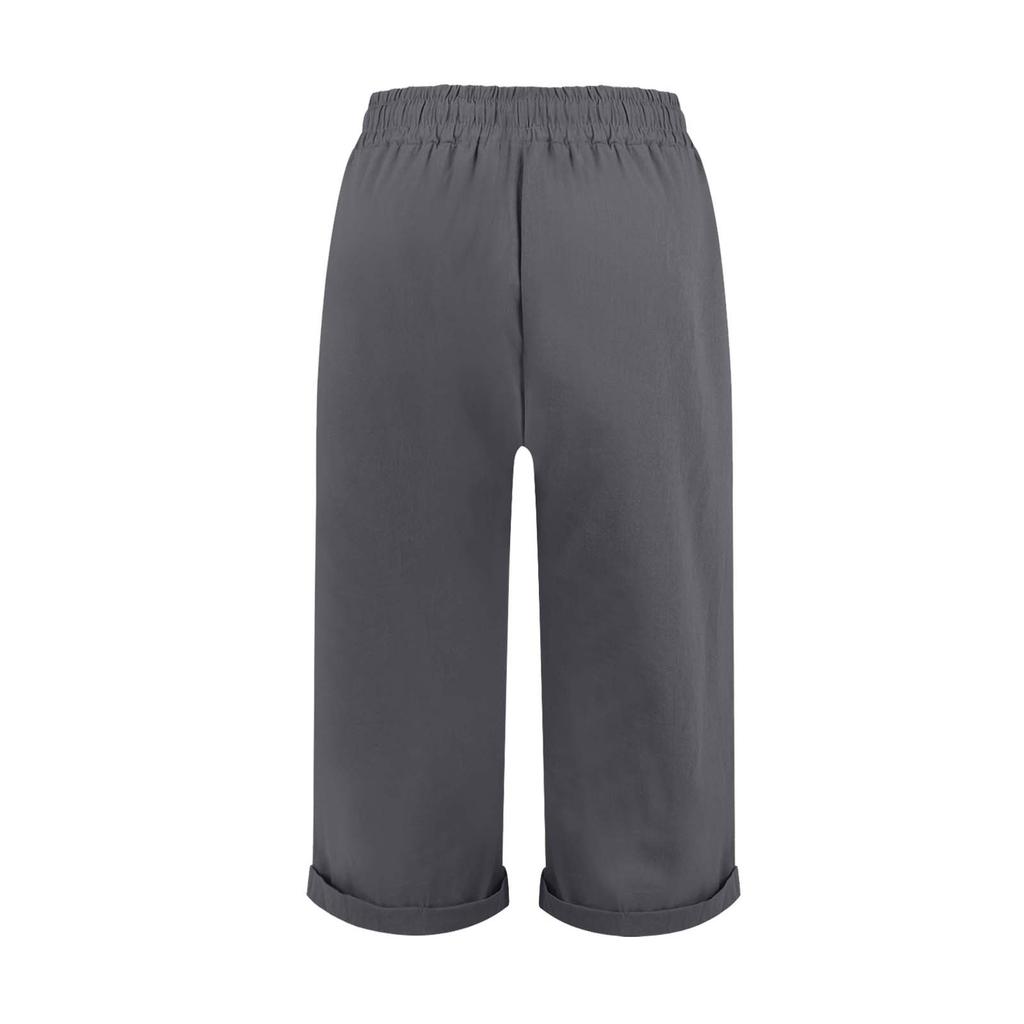 Women's Color Drawstring Cotton Linen Casual Pants Pocket Elastic Waist Home Five Piece Pants