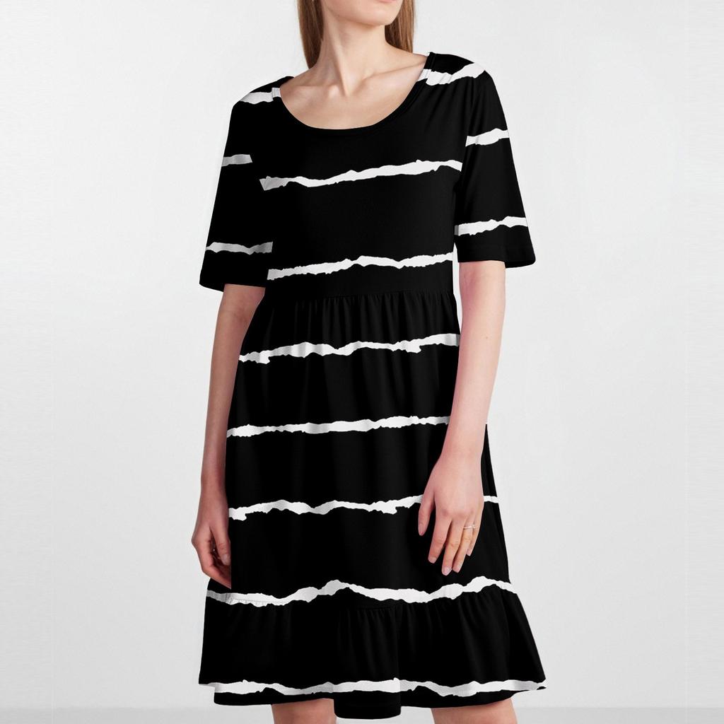 Dámské ležérní šaty s kulatým výstřihem a krátkým rukávem, volný pas, plisované šaty, plisované šaty v pase