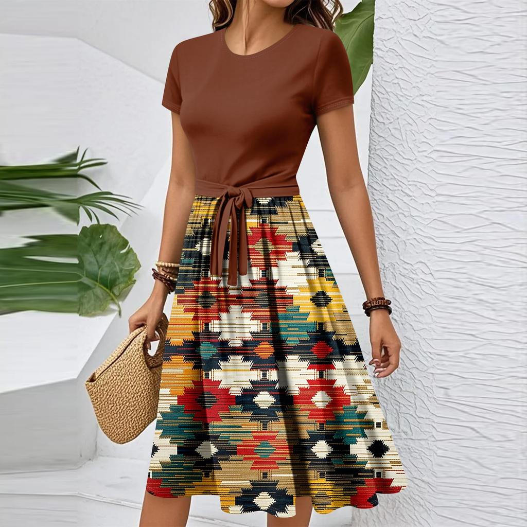 Damen Casual Mode Gürtel Vintage Bedruckt Kurzarm Rundhals Elegantes Kleid