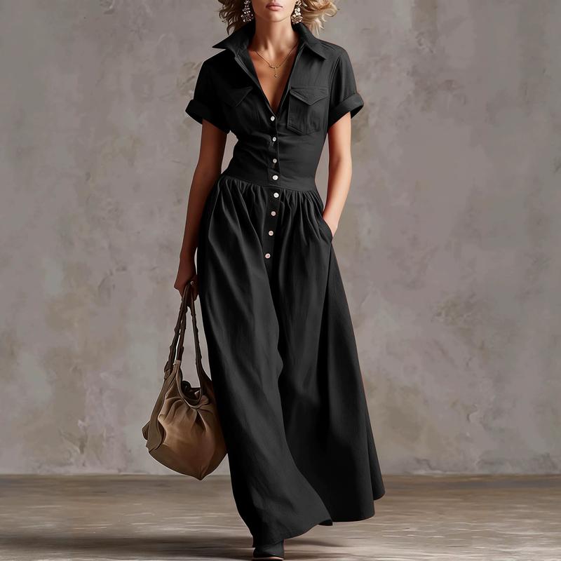 Camicia da Donna a Maniche Corte alla Moda Retro a Vita con Revers Stile Western Colore Unito Estiva Abito Lungo Elegante a Linea ad A