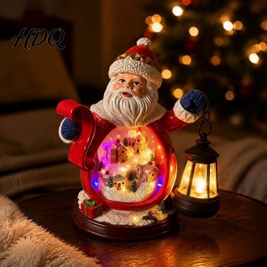 Christmas Santa Decor Figurine with LED Light Glowing Claus Resin Home Statue Snow Landscape Desktop Decoration for Party Favors Atmosphere Lighting
