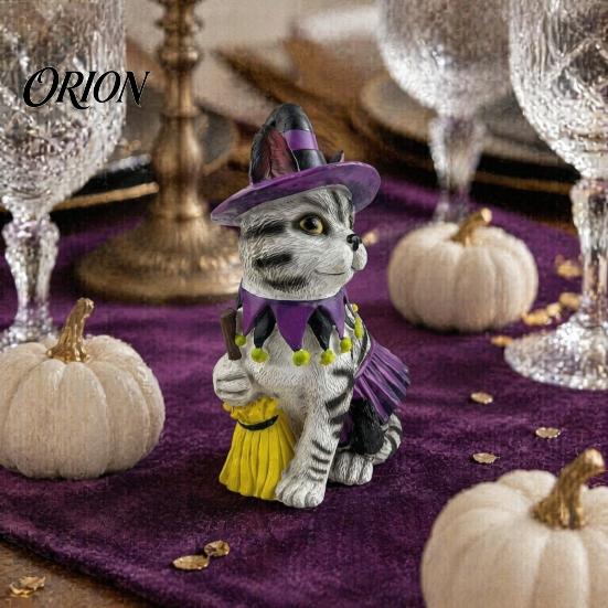 Handmade Resin Ornament for Yard Halloween Ornament, Witch Black Cat Pumpkin Shape, Durable Synthetic Cute Statue Party Weather Resistant Figurine,