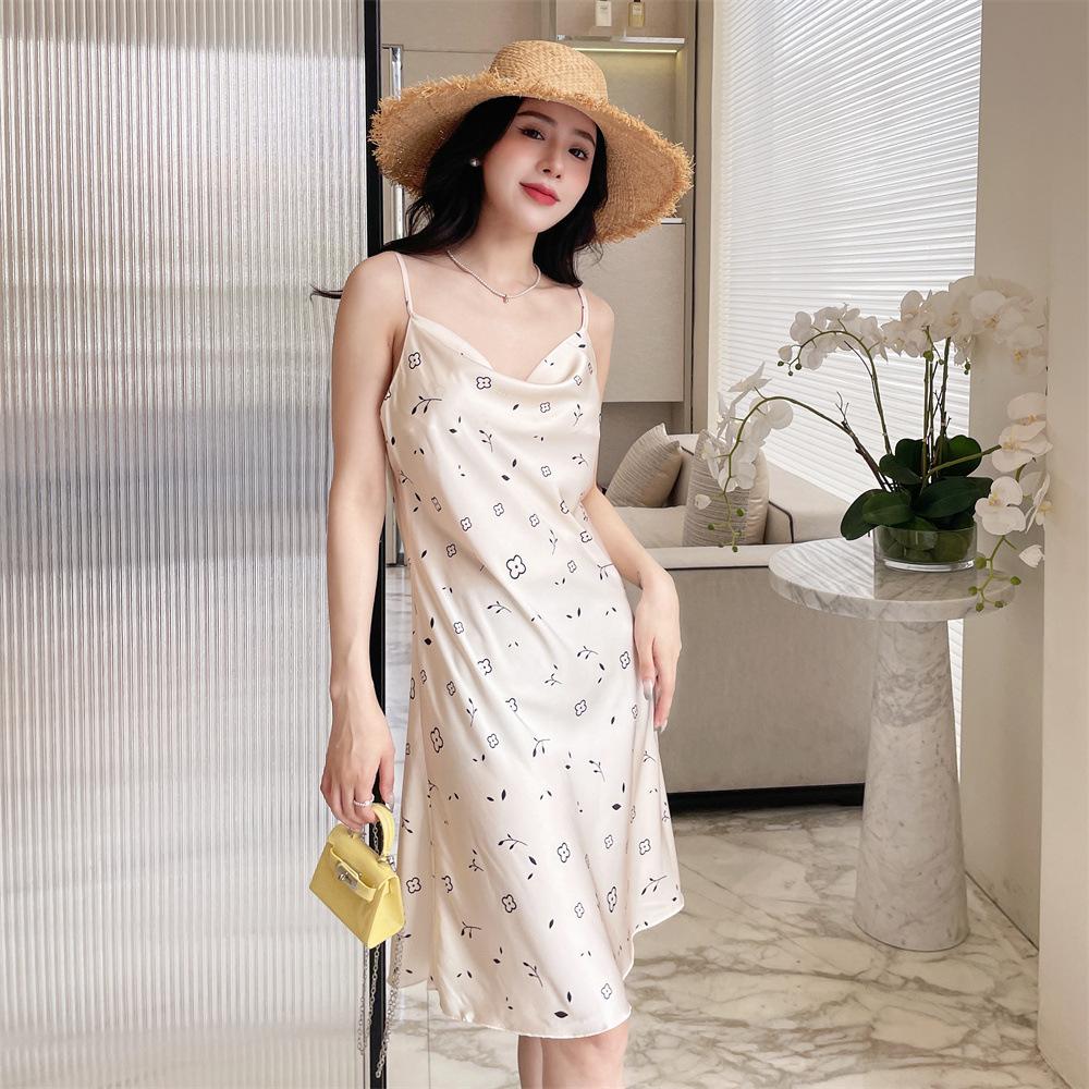 Summer new pajamas women's ice and snow silk thin suspender swing collar pure desire pajamas printed medium and long skirts