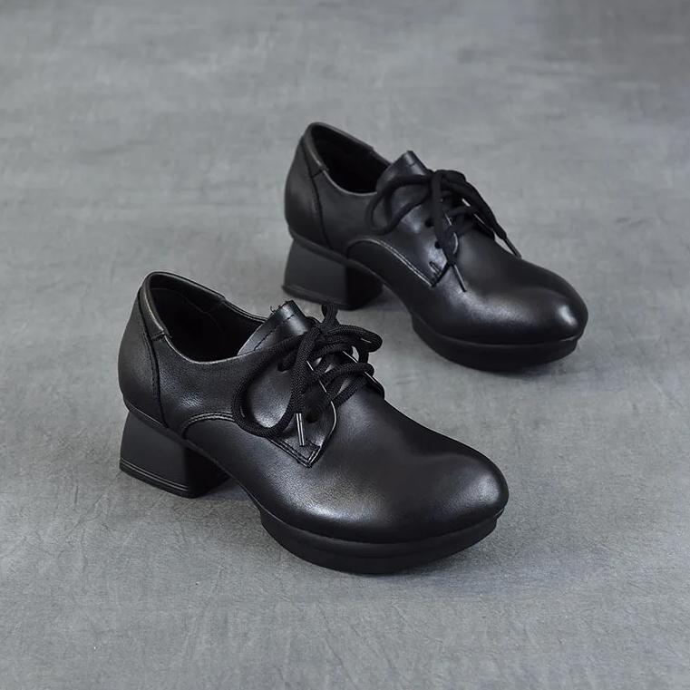Johnature Pumps Genuine Leather Soft Soled Middle Heel Shoes Retro Versatile Lace Up Thick Heel Women's Shoes