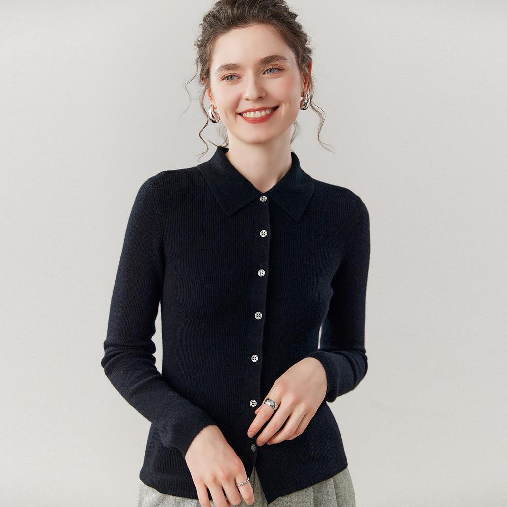 Slim Fit Polo Neck Cashmere Cardigan - Thin Wool Knit for Autumn/Winter