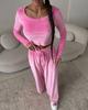 Casual European and American women's suit, solid color long-sleeved crew neck short slim-fit top, lace-up wide-leg pants two-piece set