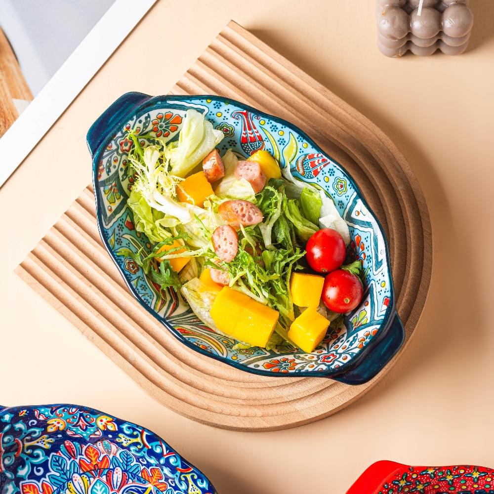 Bohemian Egg-shaped Ceramic Baking Pan Pasta Plate Fruit Salad Plate Colorful Combination Set, 9 Inch