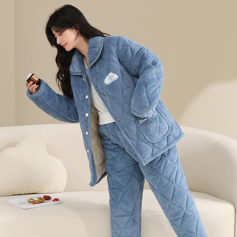 Thickened And Velvet Three-Layer Padded Pajamas Women'S Winter Coral Fleece New Large-Size Loungewear Simple And Casual