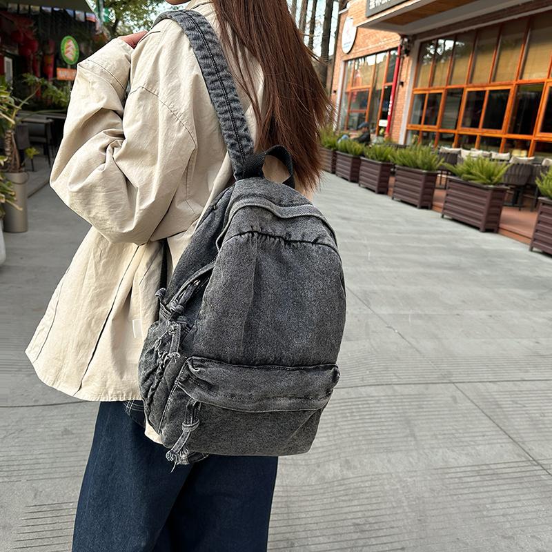 Zaino retrò in denim di grande capacità, borsa da scuola per studenti, zaino da donna