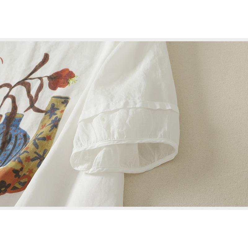 DIMANAF 2026 Summer Women Plus Size New Blouse Shirt Print Floral Vintage Short Sleeve Cotton Linen Casual Loose Lady Tops Tees