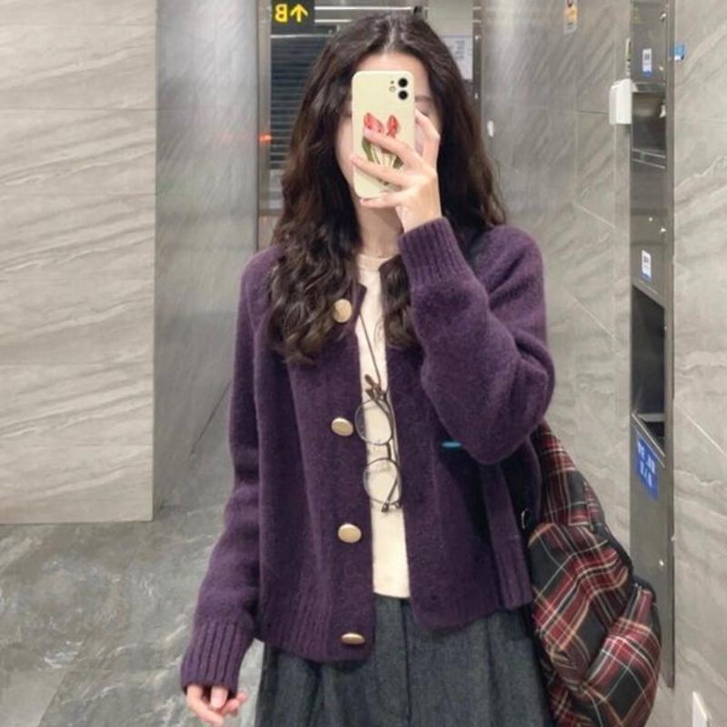 Purple Raccoon Down Cardigan Sweater Coat for Women Autumn Winter Loose Lazy Style Outerwear Knitted Top