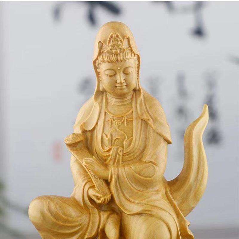 Natural Cypress Guanyin Decorative Figures Statue Solid Wood Carved Chinese Buddha Statues Home Room Office Feng Shui Art Statue
