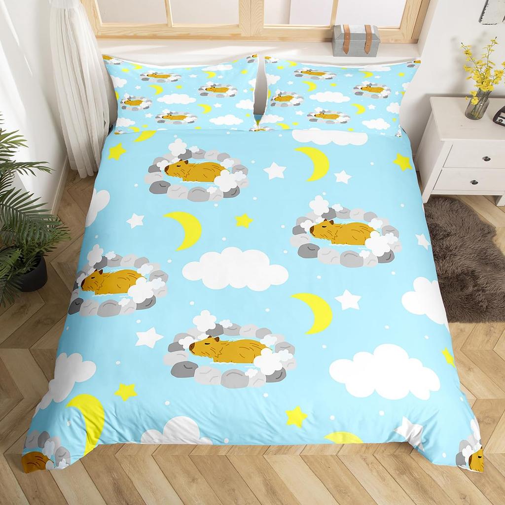Cartoon Capybara Duvet Cover Twin Queen Toddler Botanical Leaves Funny Animal Bedding Set Graffiti Sketch Lines Comforter Cover