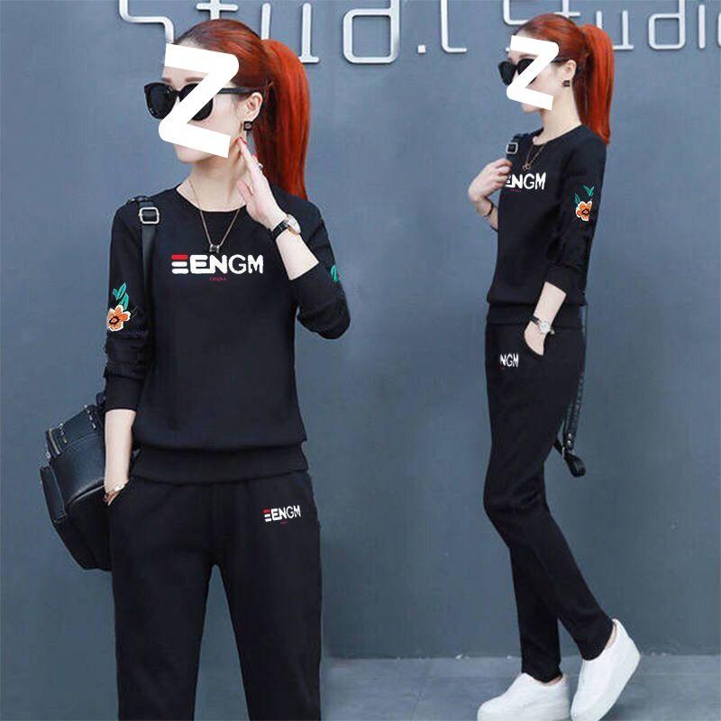 Sports Suit Women's Spring and Autumn Printed Loose Korean Casual Wear Long-sleeved Trousers Thin Two-piece Set