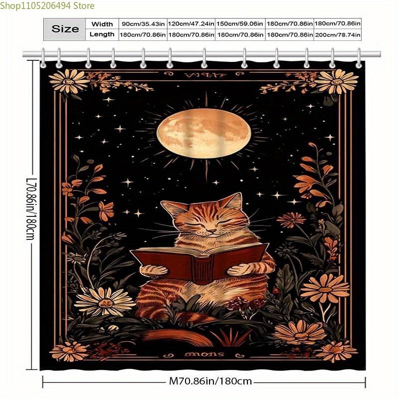 1pc Elegant Cat Reading Book Shower Curtain - Black & Golden Artistic Bathroom Decor with Tabby Cat, Moon & Stars Floral Patte