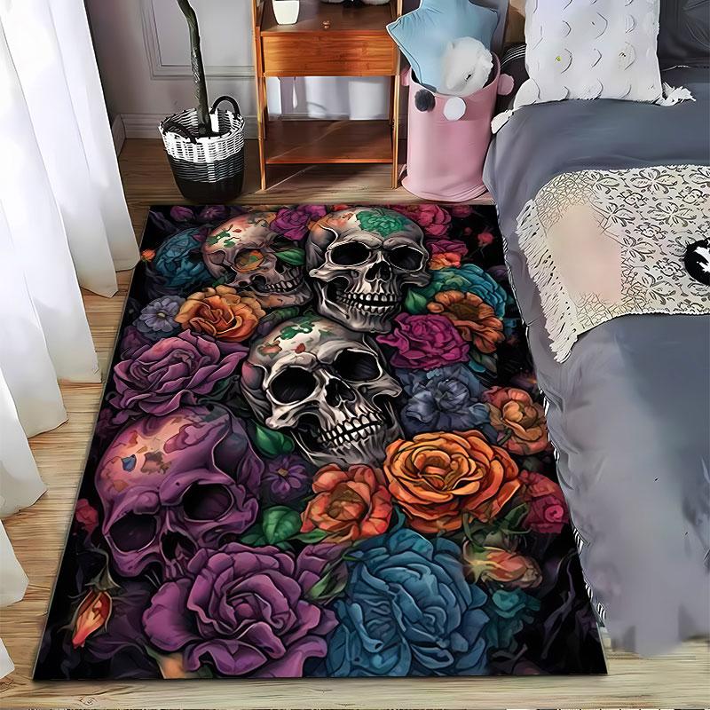 Floral Skull Art Carpet suitable as a non-slip mat for the living room or bedroom sofa