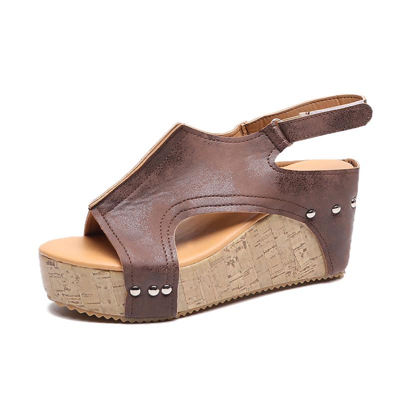 Summer New Fish Mouth Retro Wedge Heel High Heel Water Table Sandals Open Toe Velcro Hollow Platform Women's Sandals