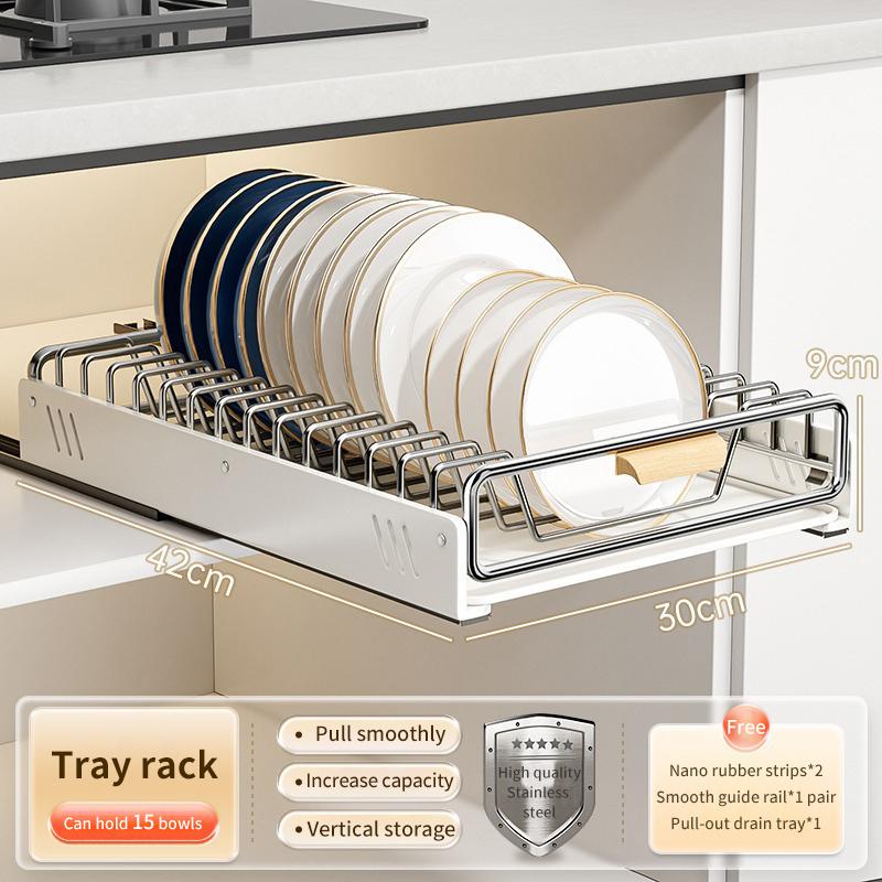Pull-out Dish Rack With Wooden Handle And Drain Tray Spice Box Storage Rack Cabinets Organizer Kitchen Storage Rack