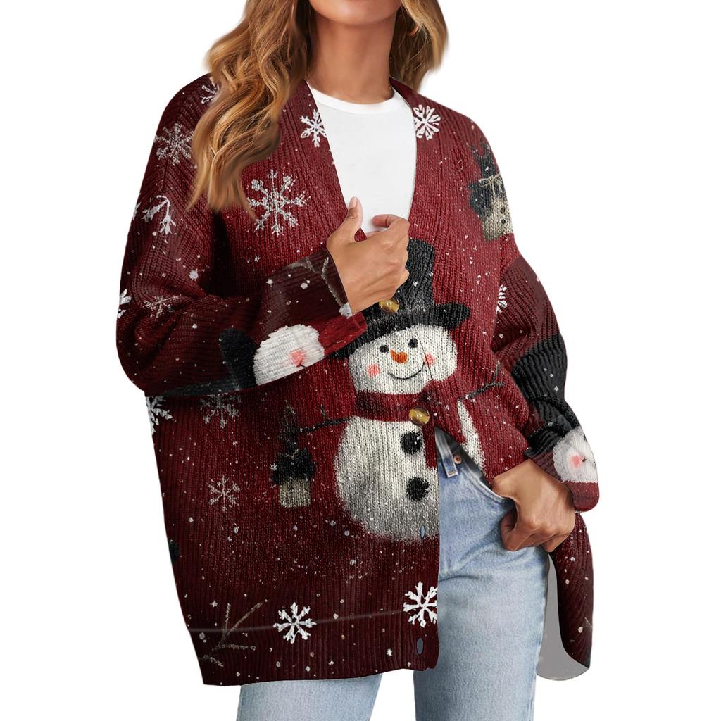 Women's Fashion Long Sleeve Christmas Print V-Neck Button Loose Cardigan Top