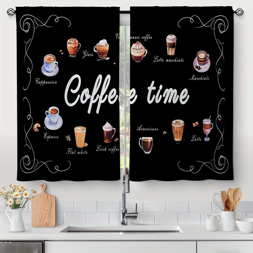 2Panel Kitchen Curtains Coffee Spoon Vegetable Print Curtains for Kitchen Window Short Curtains Rod Pocket cortinas para cocina