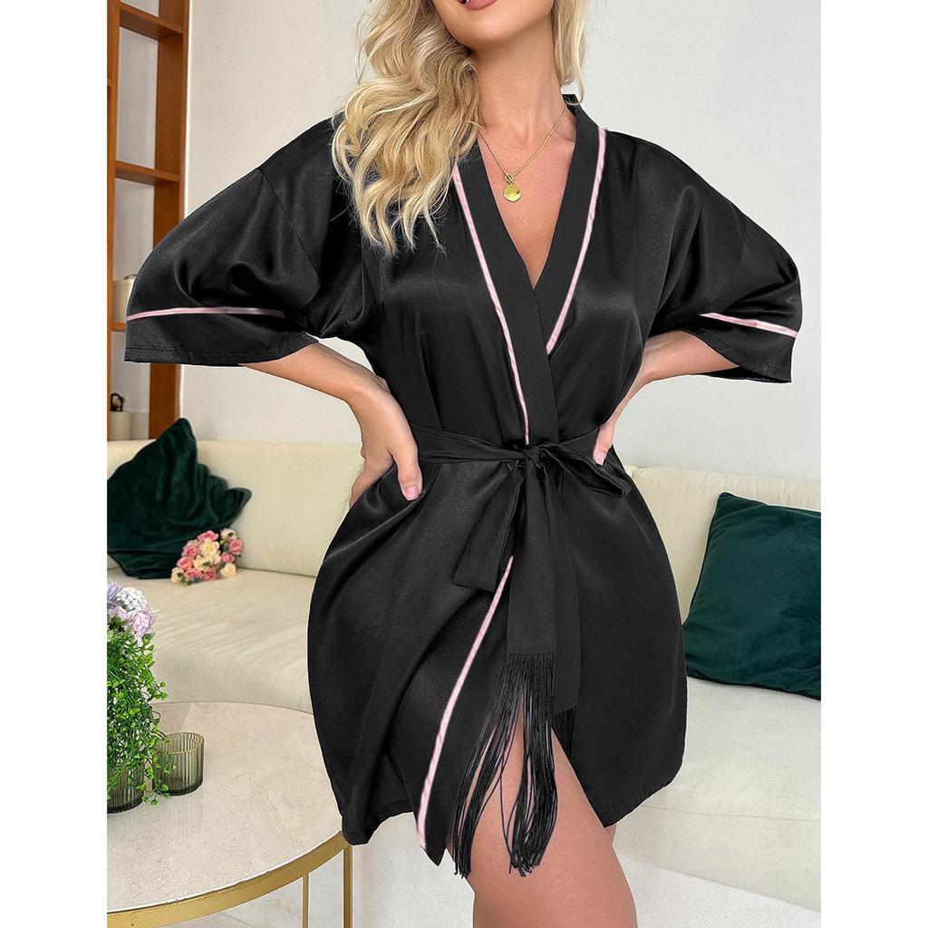 Women's Imitation Silk V-Neck Pajamas and Bathrobe Set