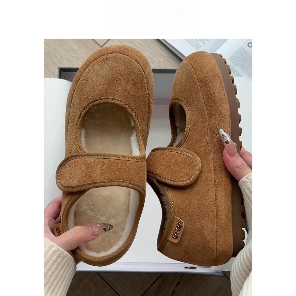 Soft Leather Version~ Heel Height 4cm Mary Jane Shoes Mao Mao Shoes 2025 New Suede Velcro Fleece Warm Casual Shoes
