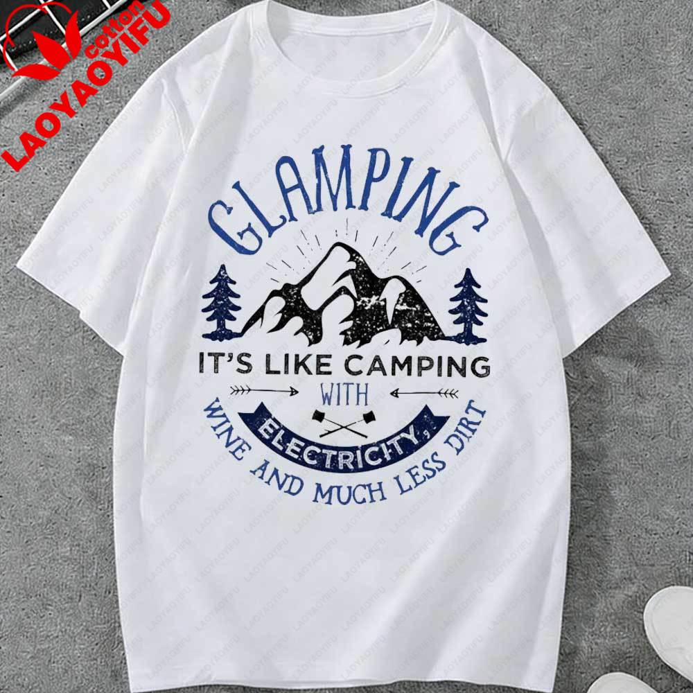 Vintage Glamping TShirt for Unisex Women Funny Camping Graphic Tee Outdoor Hiking Mountain Print Short Sleeve Tops Casual Cotton