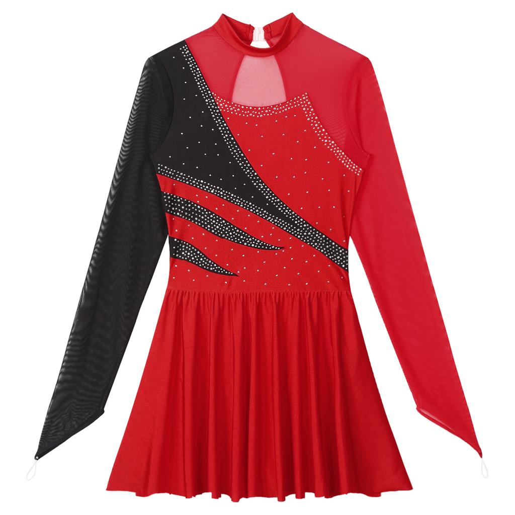Dlouhý rukáv Tyl Všitý Výřezy Záda Kolečkový krasobruslařský dres Šaty Gymnastické Baletní Taneční Kostýmy