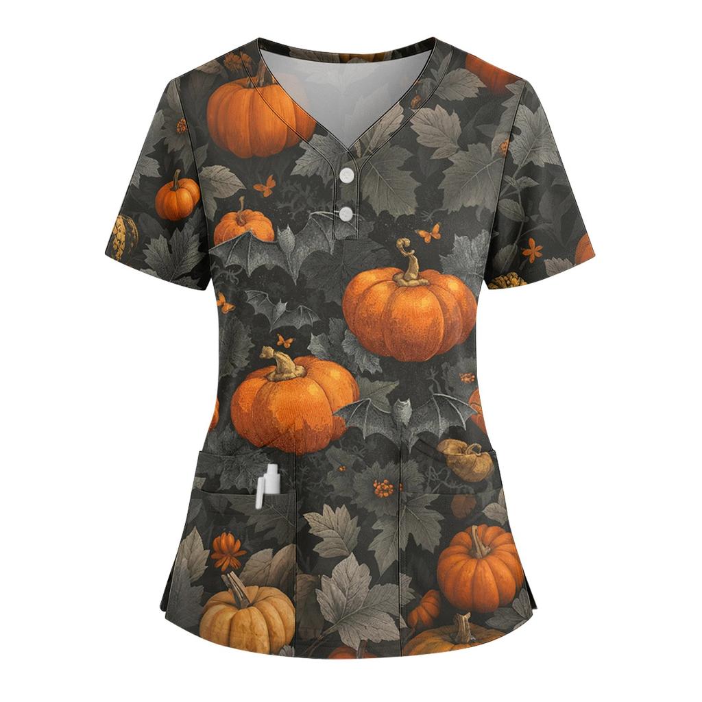 Dámské volné tričko s krátkým rukávem, módním halloweenským potiskem, výstřihem do V, zapínáním na knoflíky a bočním rozparkem
