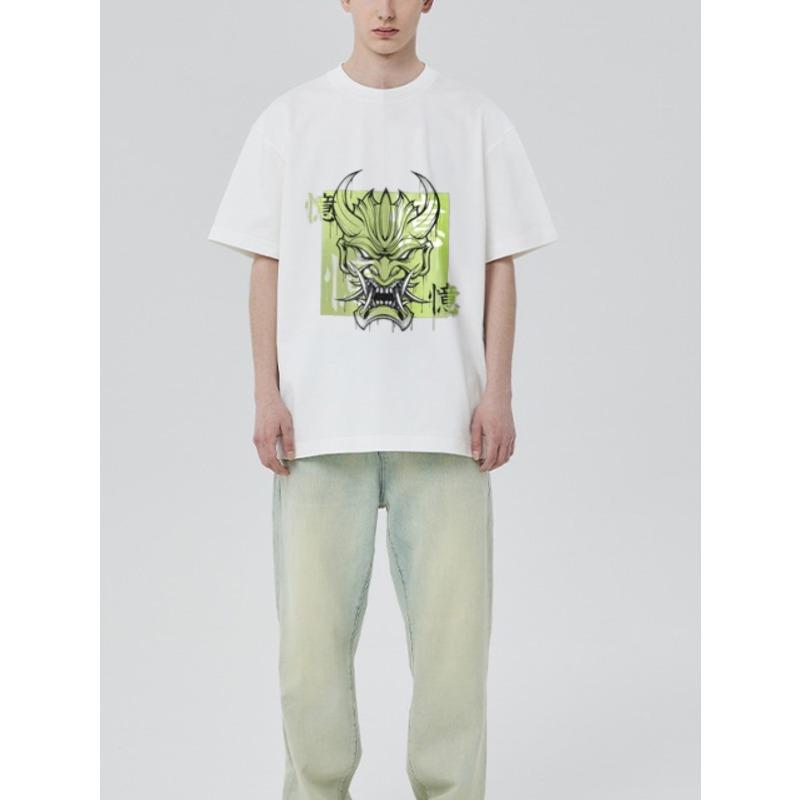 Weißes T-Shirt Herren Streetwear Grafik Drachengesicht Print Chinesische Schriftzeichen Lässig Mode Top Alltagskleidung Sommer Outfit