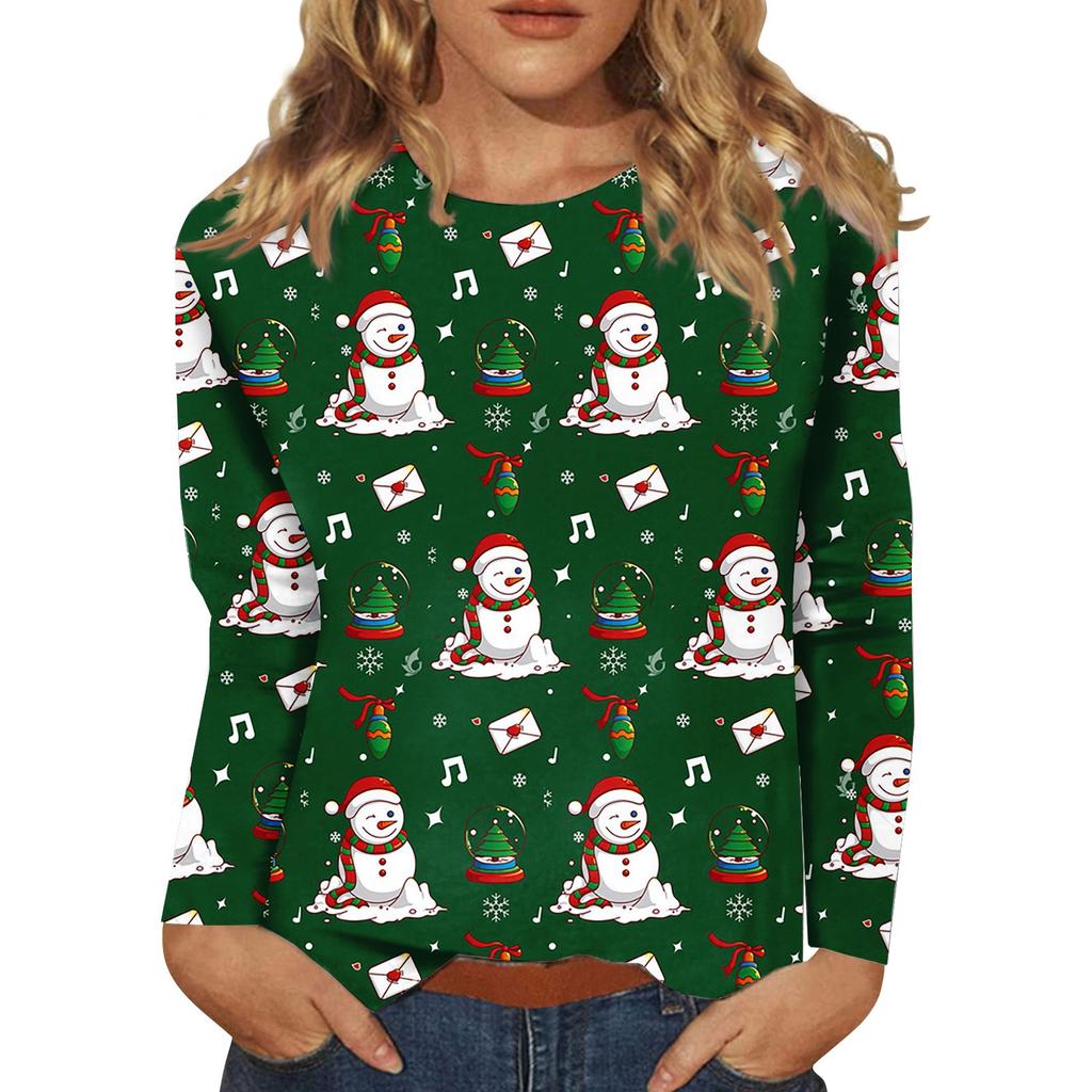 Women's Fashion Casual Long Sleeve Christmas Print Round Neck Pullover Top Blouse