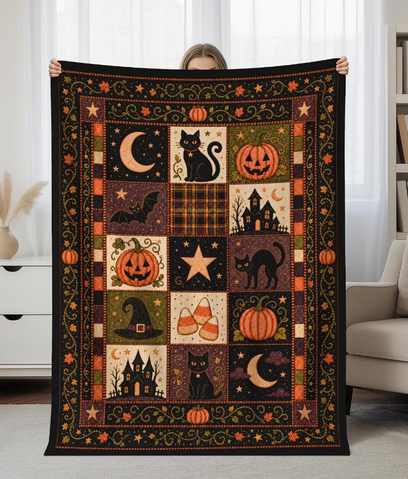 Coperta Accogliente Ispirata ai Trapunte Vintage Coperta da Divano Halloween Gatto Nero Zucca Fantasma Luna Crescente Coperta