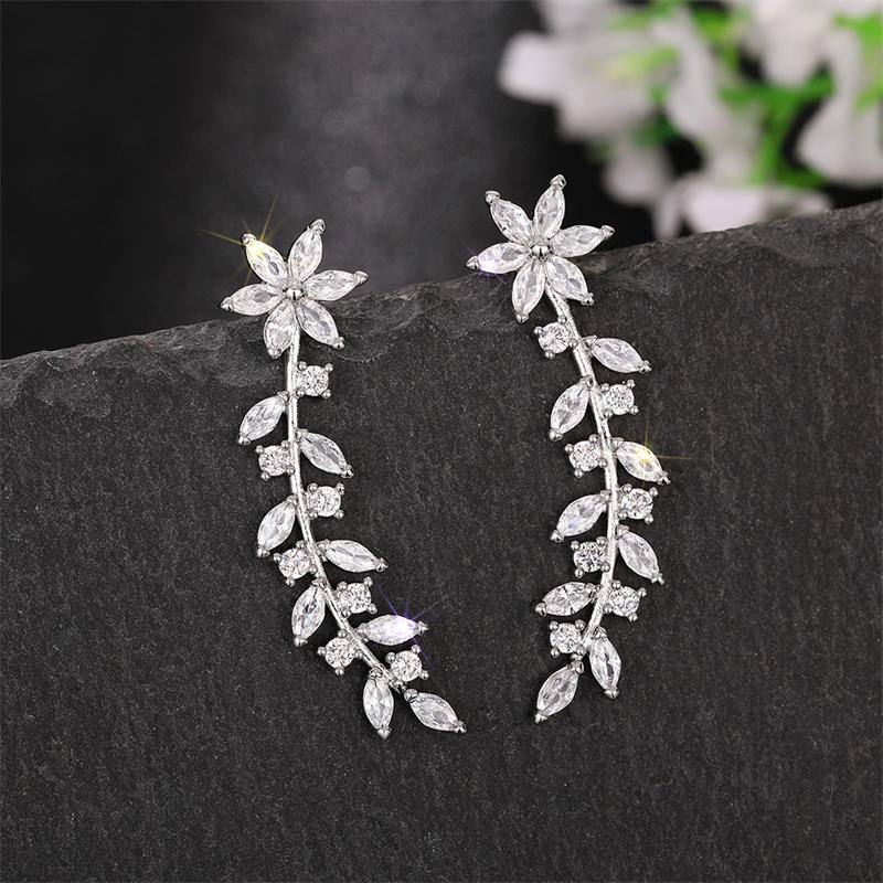 Huitan Aesthetic Flower Stud Earrings Climb Ear Earrings Exquisite Women's Ear Accessories with Dazzling CZ New Fashion Jewelry
