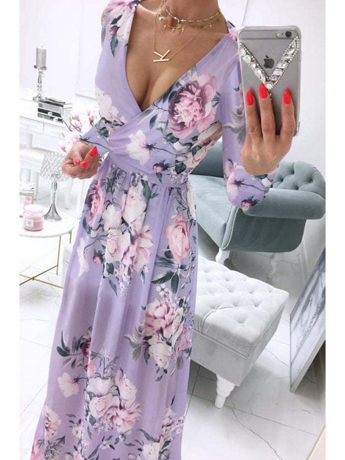 2024 Boho V-Ausschnitt Chiffon Druck Langarmkleid für Damen