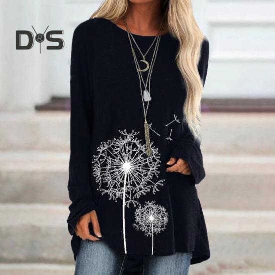 Women's Plus Size Tunic Top Dandelion Print Longline Shirt Crew Neck Long Sleeve Pullover Tee Casual Loose Fit Blouse for Work Daily Life