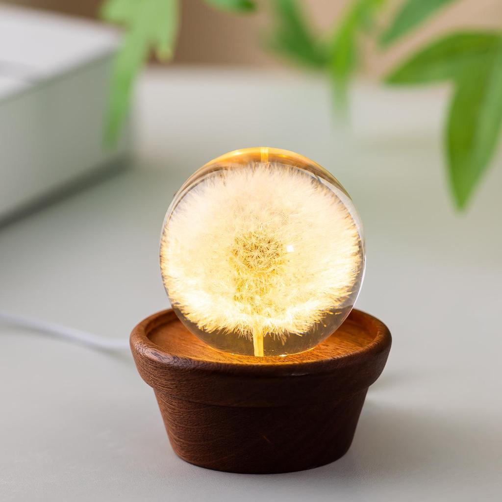 Dandelion Crystal Ball Night Light with 3D Carving and Solid Wood Base