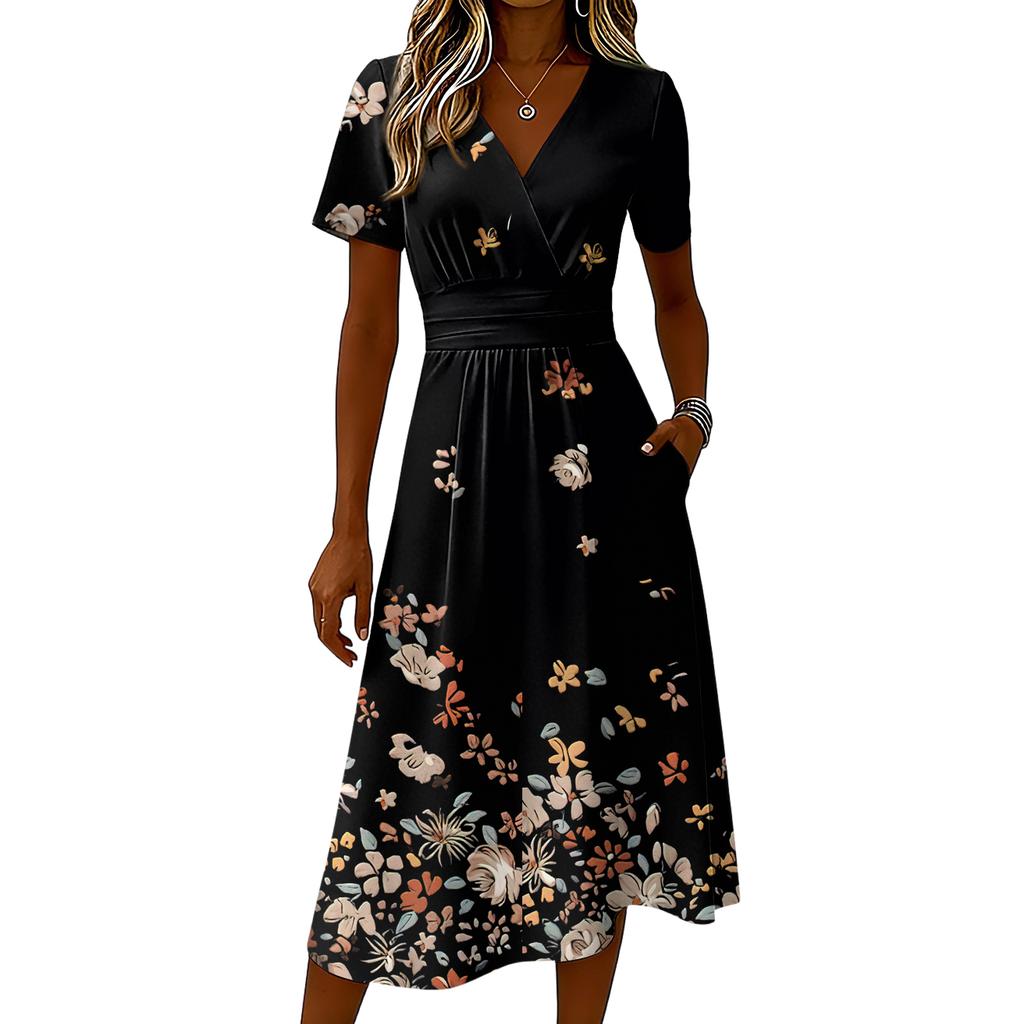 Ladies' Floral Casual Fashionable Short Sleeved V-neck Dress