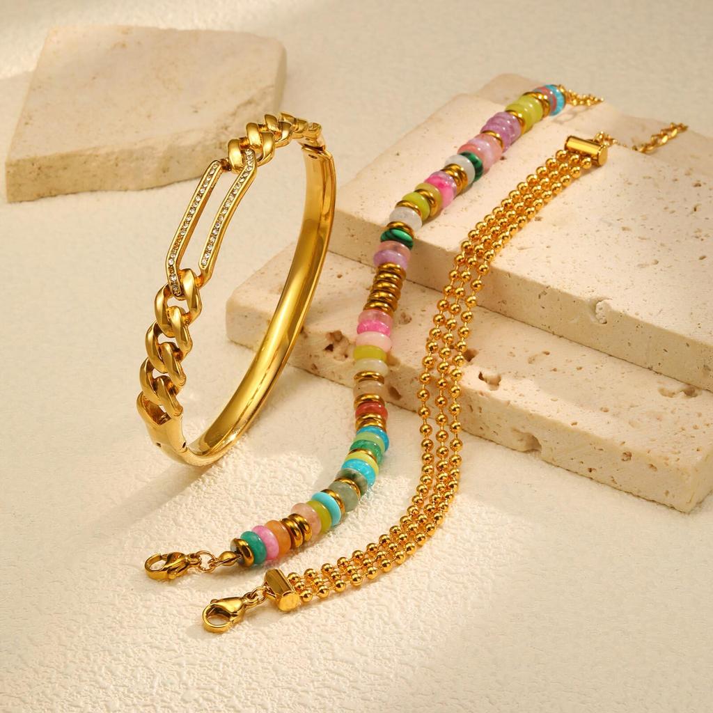 Waterproof Stainless Steel Bracelet, Gold Plated Layered Link Bangle for Women Handmade Wrist Jewely