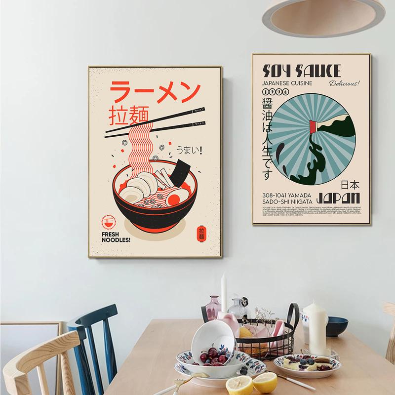 Ramen with Egg Japanese Sushi Shochu Food Wall Art Canvas Painting Nordic Posters Retro Kitchen Restaurant Wall Decor Picture