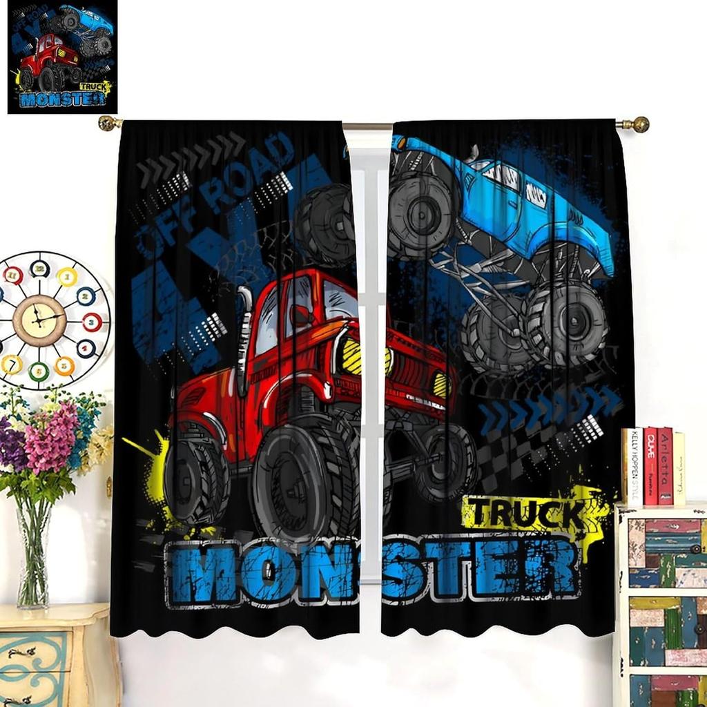 Monster Truck Curtains Boys Cartoon Red Blue Car Game Cool Racing Window Kids Bedroom Living Room Playroom Curtain For Sitting Made Of Polyester