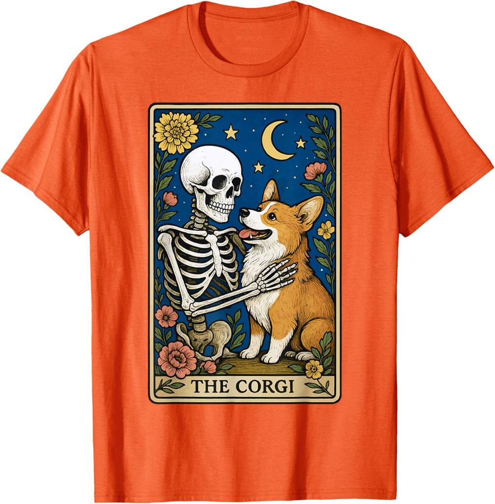 The Corgi Skeleton Tarot Card Graphic Print Cotton Round Neck Casual T-Shirt Men