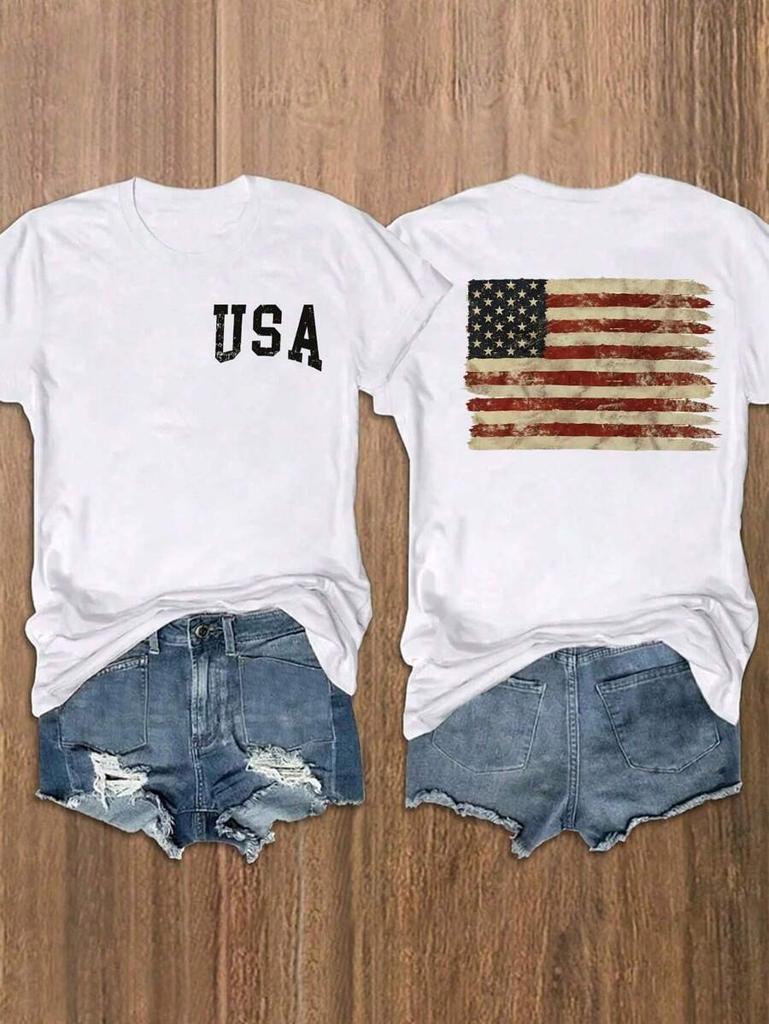 Women's Short Sleeve T-Shirt With American Flag And Slogan Print Graphic Tees